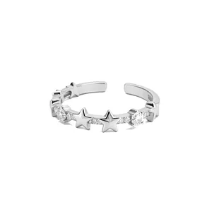 Elegant silver adjustable open ring with sparkling zircon star motifs for women