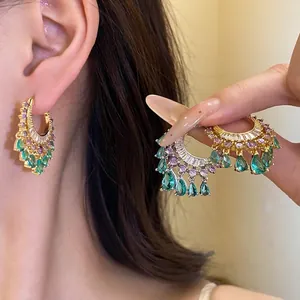 Design Zirconia Waterdrop Dangle Hoop Earrings Colorful Copper Inlaid Zirconia Vintage Luxurious Drip Earrings Silver Earring Post For Women Jewelry Gift