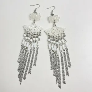Lotus flower fan-shaped earrings with long silver tassels for Chinese Hanfu style