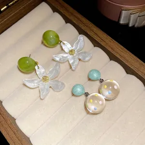 Elegant forest style resin flower and colorful polka dot bead drop earrings set