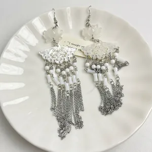 Detailed view of New Chinese style lotus and fan tassel earrings on white plate.