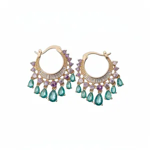 Elegant gold hoop earrings featuring purple and teal zircon water drop pendants in light luxury style