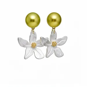 Elegant silver needle resin earrings featuring gold spheres and matte silver flower pendants