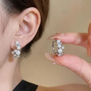 French Geometric Rhinestone Hoop Earrings With 925 Sterling Silver Earring Post Elegant Artificial Pearl Women Jewelry