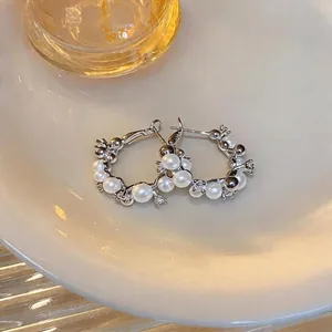 Elegant French-style silver hoop earrings with white pearls and cubic zirconia stones