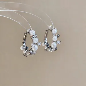French style silver hoop earrings featuring elegant white pearls and shiny zircons