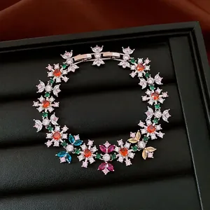 Vintage Zirconia Flower Bracelet For Women Multicolor Copper Silver Plated Light Luxury Exquisite Retro Style Hand Jewelry