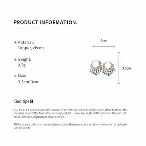 Detailed specifications for colorful zircon drop earrings showing dimensions and material info