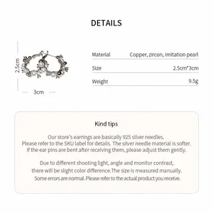 Detailed specifications for pearl and zircon hoop earrings with 925 silver needle posts.