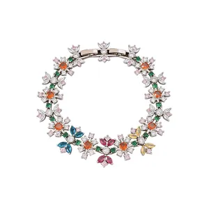 Vintage style silver bracelet with colorful zircon flowers and a secure metal clasp