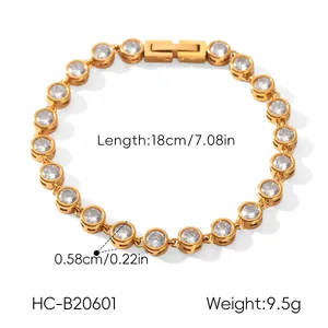 Detail shot of a gold stainless steel bracelet with cubic zirconia inlays and dimensions.