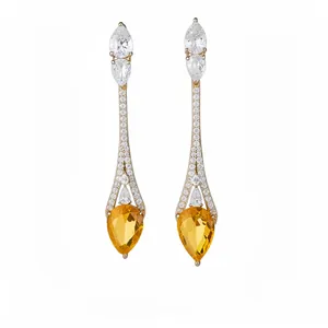 Boucles d'oreilles pendantes en or 18 carats avec zircons jaunes et tiges argent