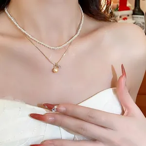 Διπλό Κολιέ Γαλλικό Βίντατζ Επιχρυσωμένο 18K Τεχνητό Μαργαριτάρι Στρας Μενταγιόν Κεράσι Πολυτελή Γυναικεία Κοσμήματα