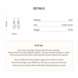 Detailed view of large resin teardrop earrings with S925 silver needle specifications