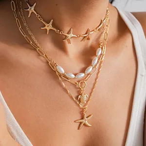 Starfish Sea Turtle Artificial Pearl Layered Pendant Necklace Retro Vacation Style Alloy Electroplated Clavicle Chain Jewelry For Women