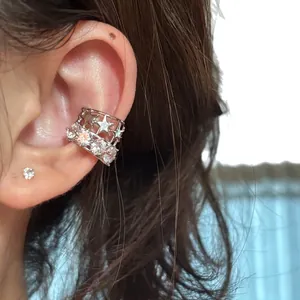 Stylish zircon star ear cuff clip-on earrings for non-pierced ears, elegant silver finish