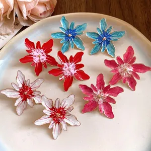 Vacation Style Enamel Flower Stud Earrings For Women Forest Sweet Alloy Silver Earring Post Light Luxury Jewelry