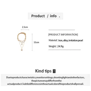 Technical info chart of 4-layer necklace with starfish turtle charms and dimensions