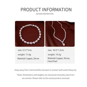 Detail specifications for elegant zircon and faux pearl necklace and bracelet set.