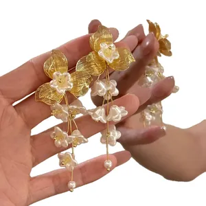 French vintage gold Lily of the Valley flower tassel earrings with delicate white pearls