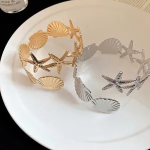 Vintage Metal Starfish Shell Arm Cuff Bracelet For Women Adjustable Gold Silver Plated Ocean Style Summer Vacation Bangle Jewelry