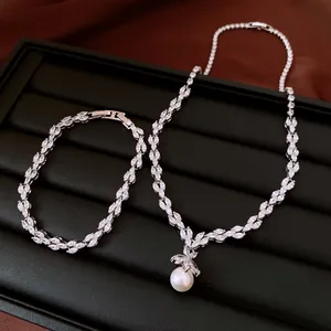High-quality silver zircon jewelry set featuring a marquise-cut necklace with pearl pendant