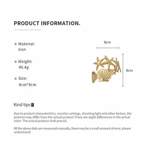 Gold starfish and shell metal arm cuff bracelet with product dimensions and details