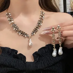 Parure de Bijoux Vintage Alliage Or Antique Épi de Blé Feuille Strass Collier Boucles d'Oreilles Femme Perle Baroque Artificielle