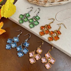 French retro style zircon flower tassel drop earrings in four colors for elegant look