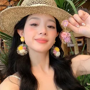 Bohemian Ethnic Floral Drop Earrings For Women Gold Plated Iron Sunburst Base Fabric Flower Dangle Earrings Vacation Jewelry