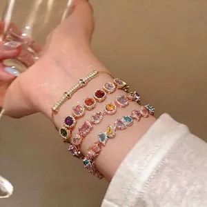 French Retro Dopamine Multicolor Zirconia Bracelet Copper Gold Plated Square Geometric Inlaid Adjustable Light Luxury Women Jewelry Gift