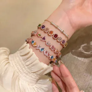 Elegant set of four colorful zircon bracelets in rose gold finish for women
