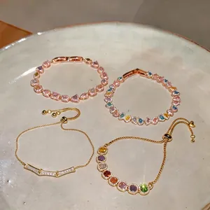 Set of vibrant dopamine colorful zircon bracelets in elegant French vintage style