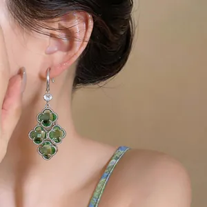 French vintage style green zircon flower tassel drop earrings with light luxury design