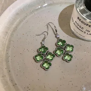 Elegant vintage green clover tassel earrings with sparkling zircon details for women