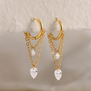 Elegant 18K gold plated stainless steel hoop earrings with sparkling zircon tassels.