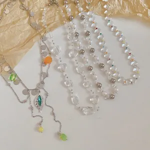 Elegant French style pearl and clear heart-shaped bead necklace set for summer jewelry