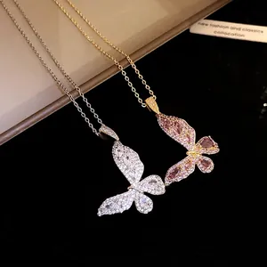 Elegant zircon butterfly pendant necklace for women in gold and silver luxury finishes