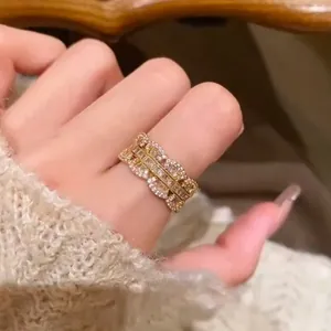 Anello Aperto in Zirconia Francese Vintage a Punta Tonda per Donna Lusso Regolabile Oro Argento Gioielli da Dito Festa Banchetto Regalo