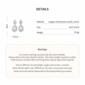 Product detail graphic showing waterdrop rhinestone earrings with dimensions and materials.
