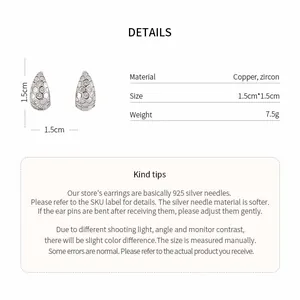 Vue détaillée des boucles d'oreilles en zircon avec dimensions et spécifications