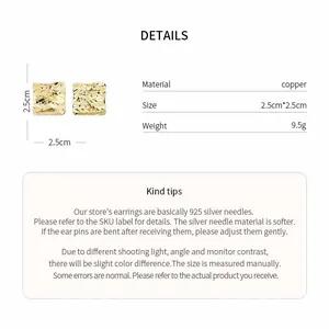 Detail of gold rhombus textured stud earrings with product size and material info.