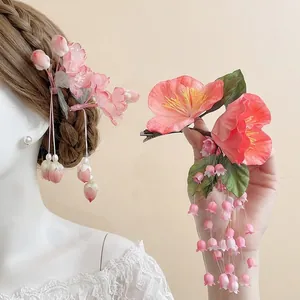 New Chinese Style Pink Lily Of The Valley Flower Tassel Hair Clip Handmade Fabric Duckbill Clip Hanfu Wedding Headpiece