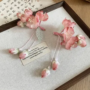 New Chinese style pink Lily of the Valley floral tassel hair clips for Hanfu and Qipao styling