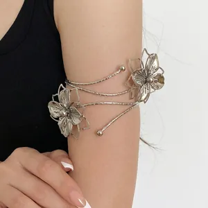 Elegant silver metallic flower arm cuff bracelet with crinkled petal design for women