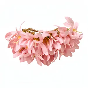 Elegant pink floral hairpin with dewdrop details for traditional Chinese bun styling.