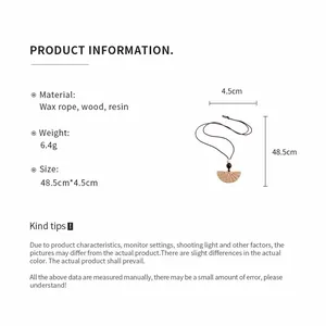 Product information for fan-shaped resin pendant necklace with wax rope and wood beads.