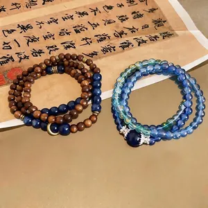 Retro ethnic style beaded bracelet set with wood beads and blue stones
