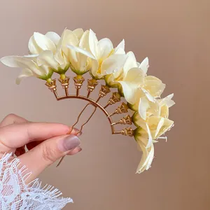 Elegant cream fabric flower hair fork accessory for traditional Chinese hair styling