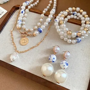 Vintage Luxury Jewelry Set With Ceramic Beads And Artificial Pearl Necklace Bracelet Earrings For Women Sun Pendant Jewelry